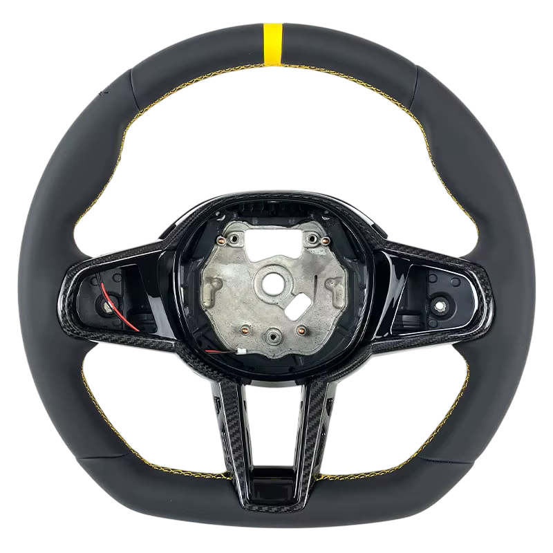 DTC G8X LCI Full Leather Steering Wheel With Carbon Trim Yellow Stitching/Stripe Flat Bottom