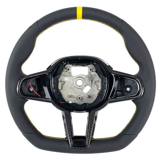 DTC G8X LCI Full Leather Steering Wheel With Carbon Trim Yellow Stitching/Stripe Flat Bottom